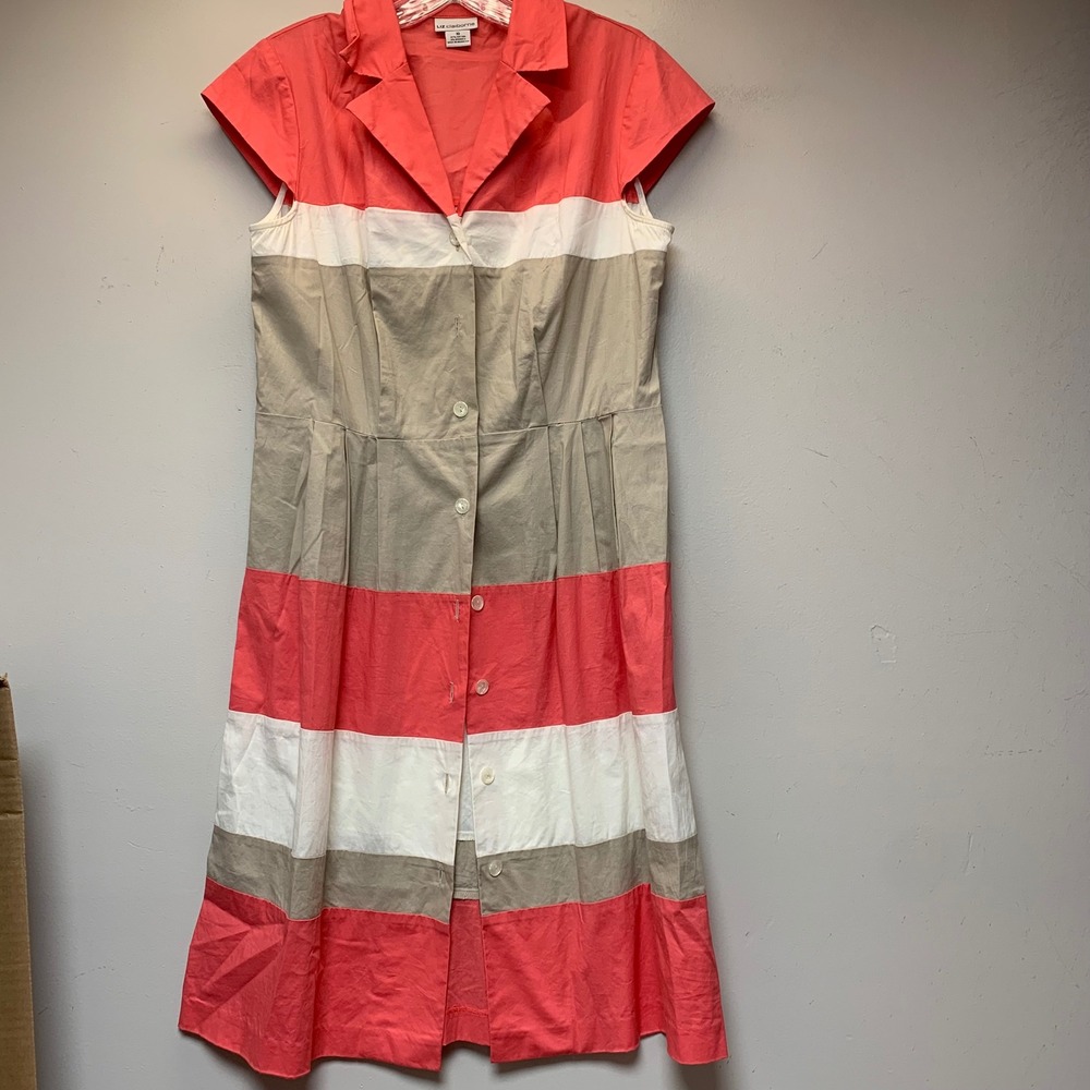 Liz Claiborne Shirt Dress Womens 10 Coral Pink Tan Striped Midi Cotton Excellent
